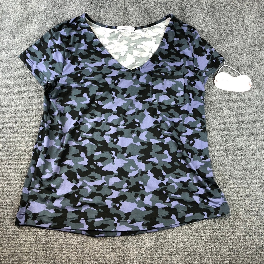 Amanda‎ Blu Luxe Loungewear Purple Camo V Neck Short Sleeve Top Shirt